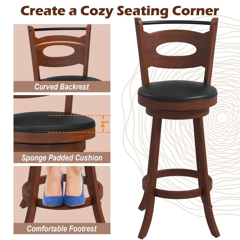 Gymax 4PCS Swivel Bar Stools Dining Chairs Solid Rubber Wood Leather