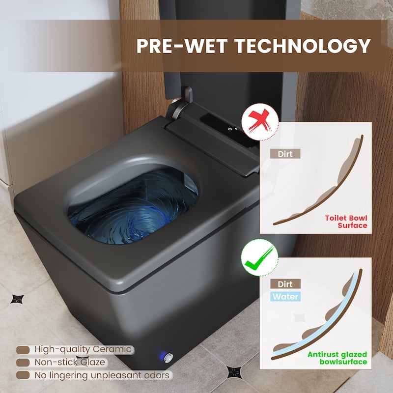 Elongated Smart Bidet Toilet with Foot Sensor, Auto Flush, LED Display, Heated Seat