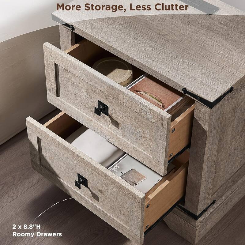 Farmhouse 2 Drawers Nightstand with Charging Station, Large End Table