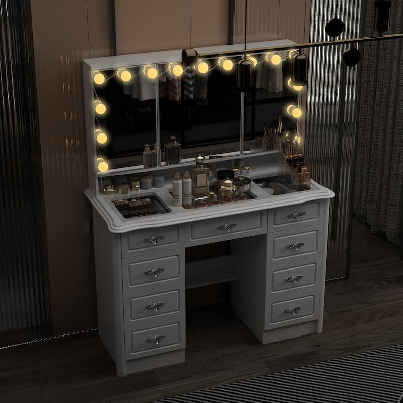Modern White Makeup Vanity Fold Mirror Adjustable Lighting Dressing - 40.2"x54.1"