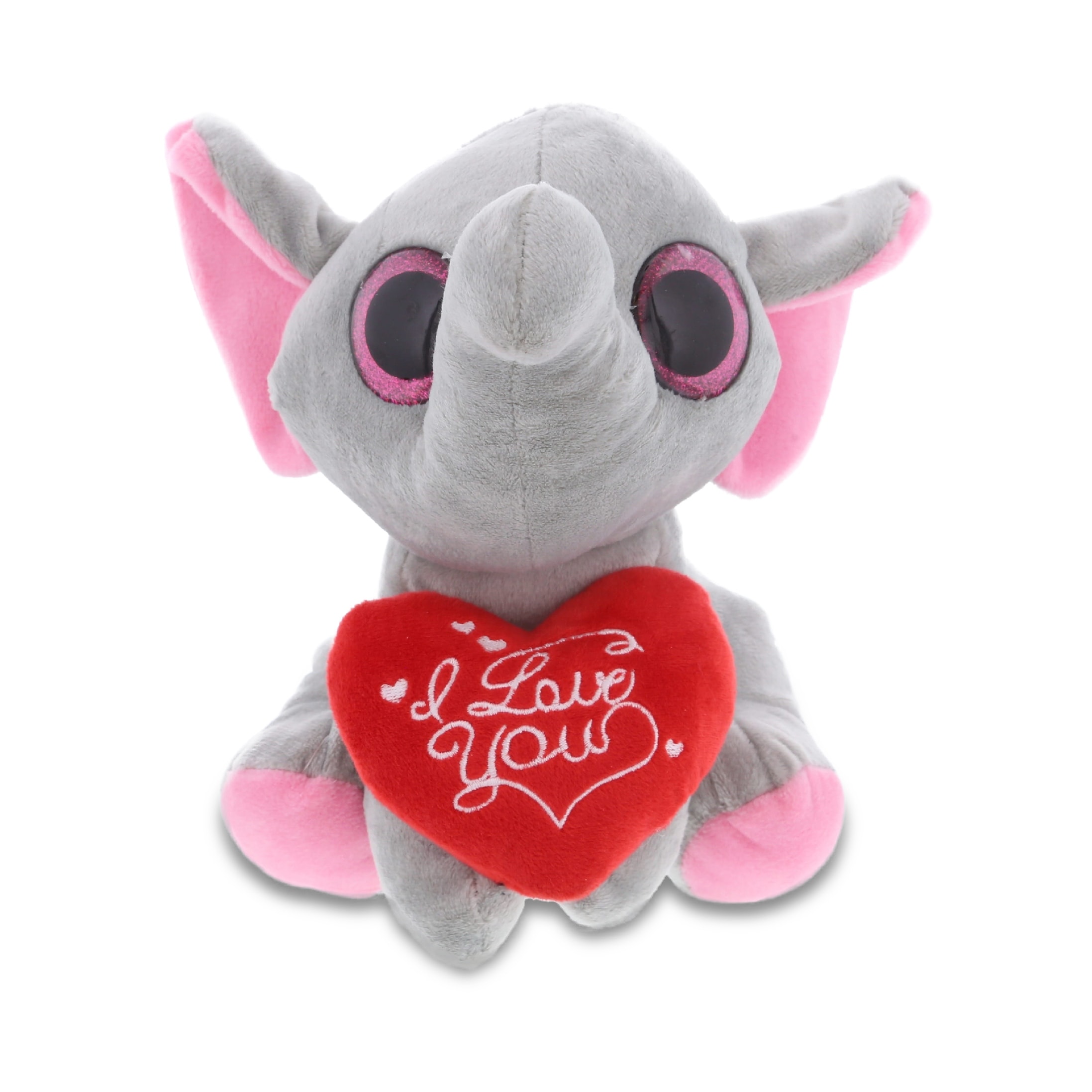 DolliBu I LOVE YOU Plush Sparkling Big Eye Elephant Animal with Heart - 8 Inches