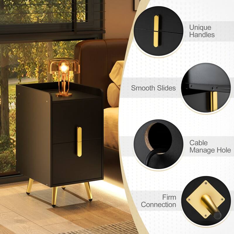 Bedside Table with Storage Drawers and USB Charging Station