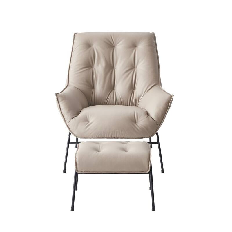 Top Grain Leather Chair with Ottoman - Khaki and Black