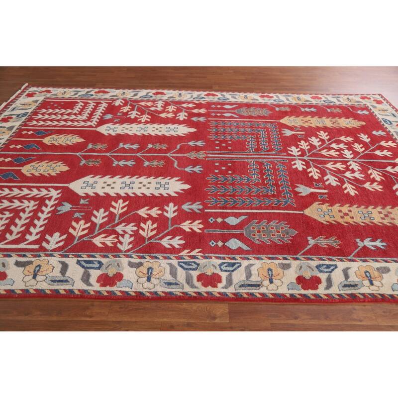 Hand Knotted Oriental 100% Wool Carpet Traditional Geometric Red Kazak Area Rug - 9' 10'' X 6' 10''
