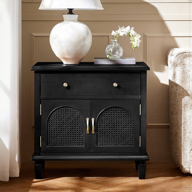 Georg Traditional 2-Faux rattan-Door End Table with Built-in Power Outlet and Adjustable Shelf by HULALA HOME