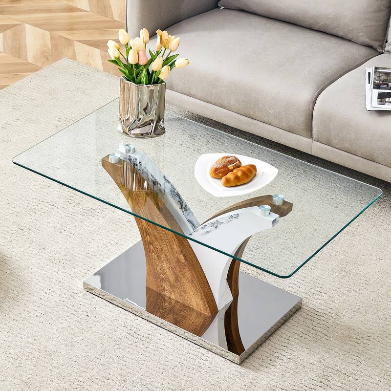 39.4" Modern Rectangular Coffee Table with Tempered Glass Countertop and Artistic MDF Legs