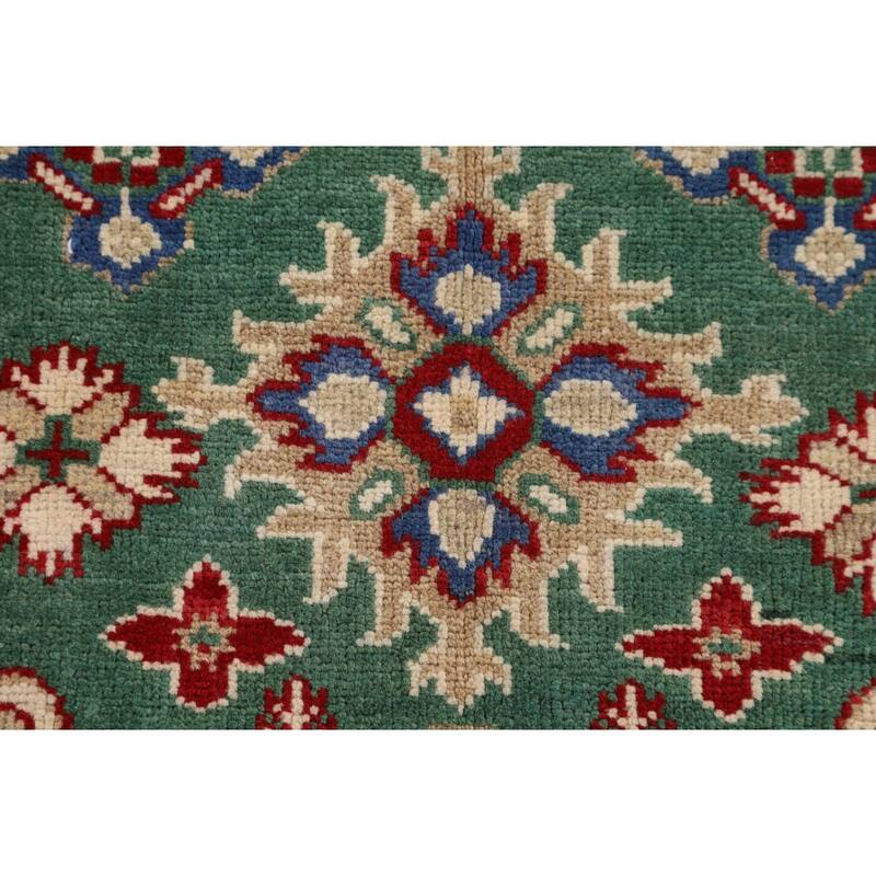 Green Geometric Kazak Foyer Rug Hand-Knotted Wool Carpet - 3'3" x 4'10"