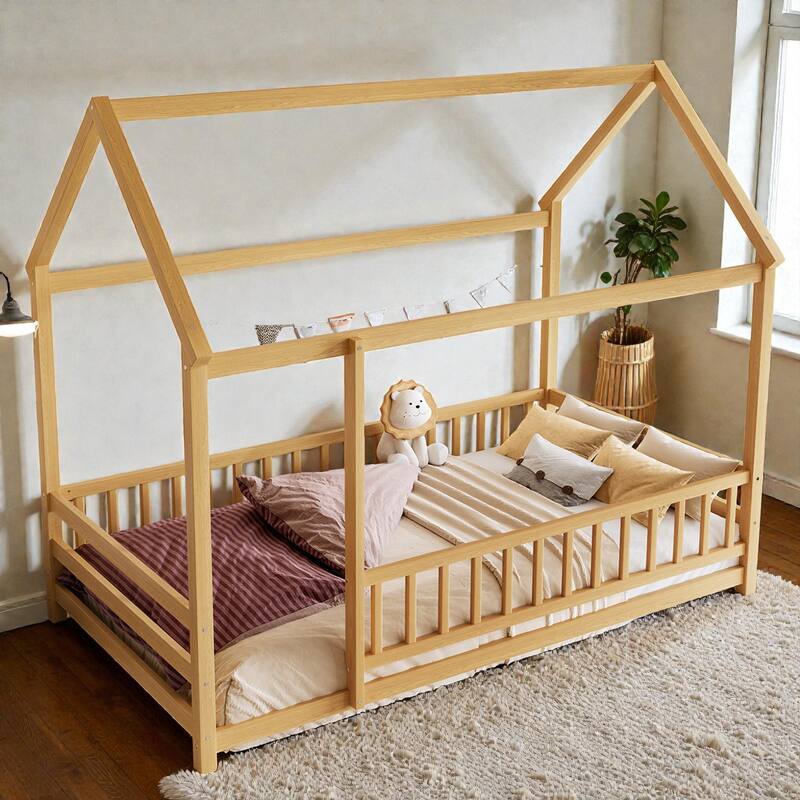 Wooden House Frame Floor Bed with Roof, Fence Guardrails, Pine Wood Kids Platform Bed for Bedroom
