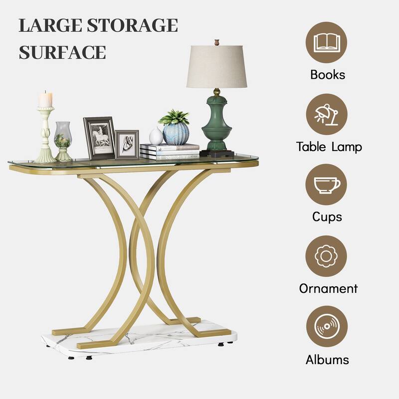 Myhozm 43.31 inches Glass Console Table with Geometric Base, Entrance Side Table for Hallway, Living Room