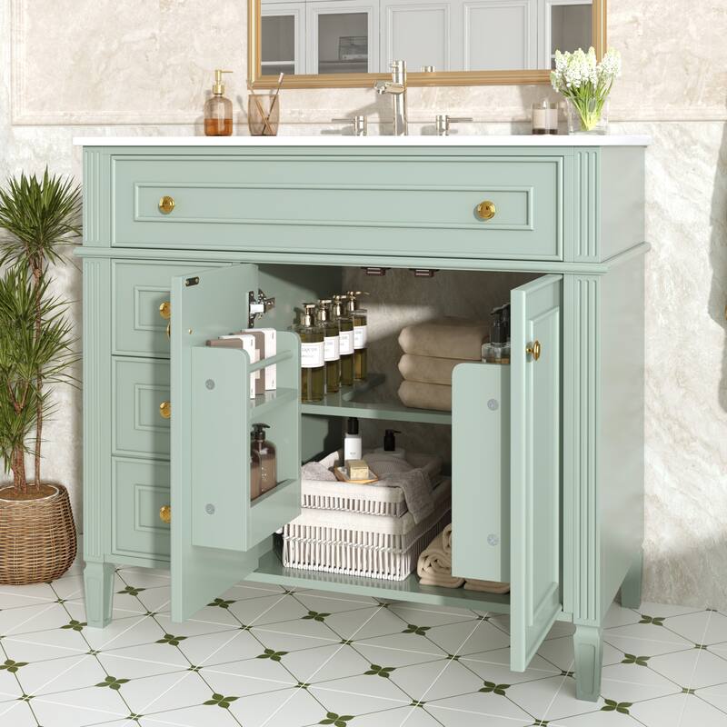 Roomfitters 36" Bathroom Vanity with Sink, Solid Wood Frame, Flip-Out Drawer, 3 Drawers & Soft-Close Doors