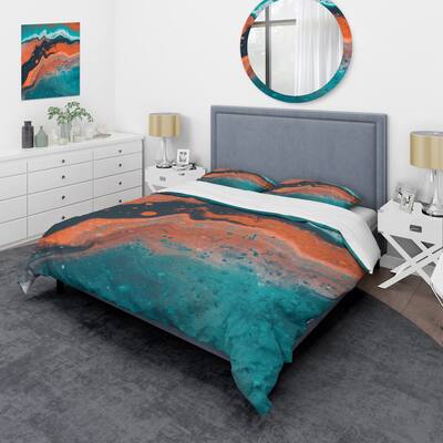 Designart 'Abstract Marble Composition In Blue and Orange VI' Modern Duvet Cover Set