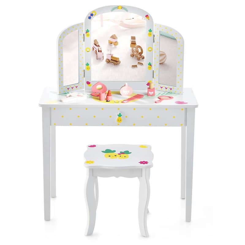 Gymax Kids Vanity Table Set Tri-Folding Mirror Pretend Play Dressing