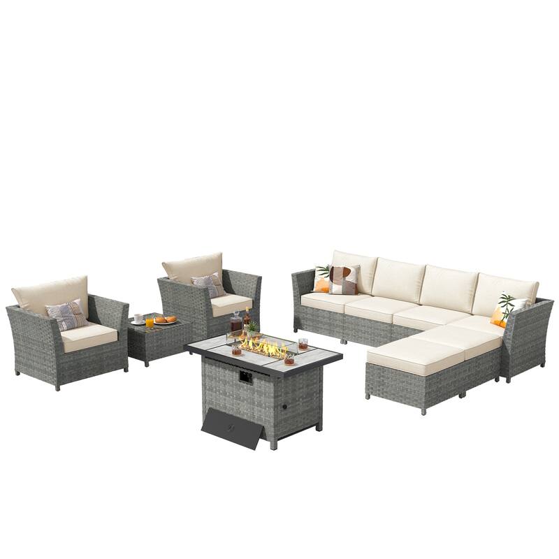 XIZZI 10-piece Outdoor Furniture Rattan Wicker Sectional Sofa with Fire Pit