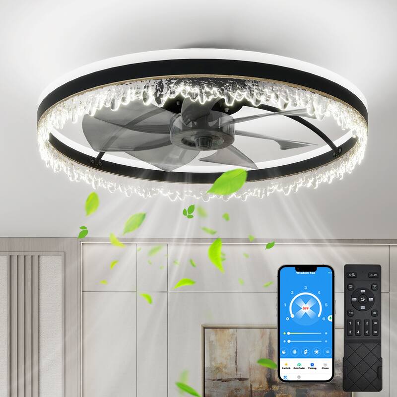 Modern LED Ceiling Fan with Light - 24" Dimmable Ceiling Light with Invisible Blades and Crystal Design - Black - Black