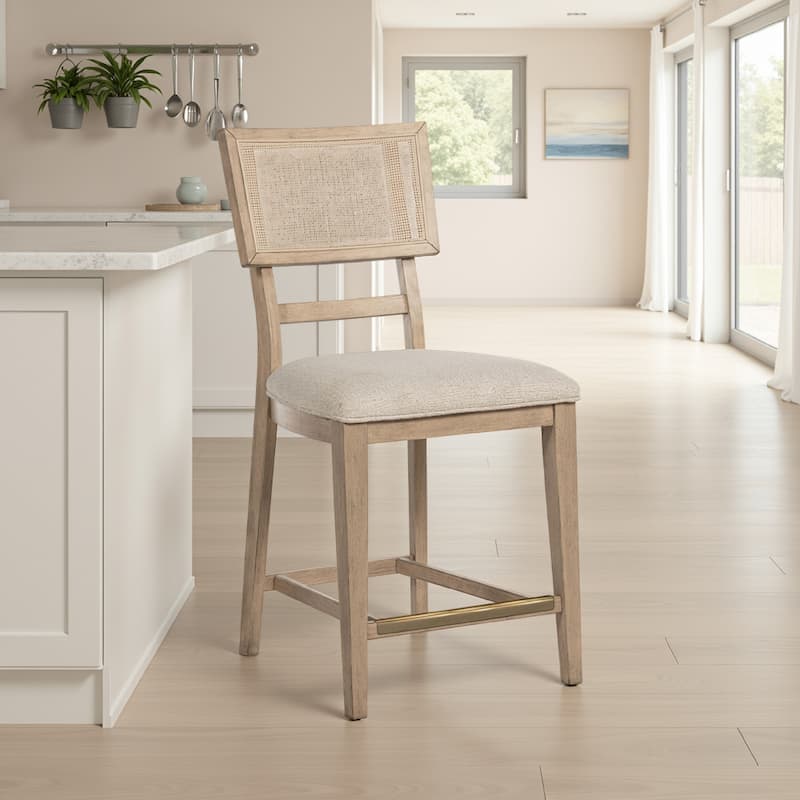 Lno Counter Dining Side Chair Set of 2, Rattan Woven Back, Beige Wood