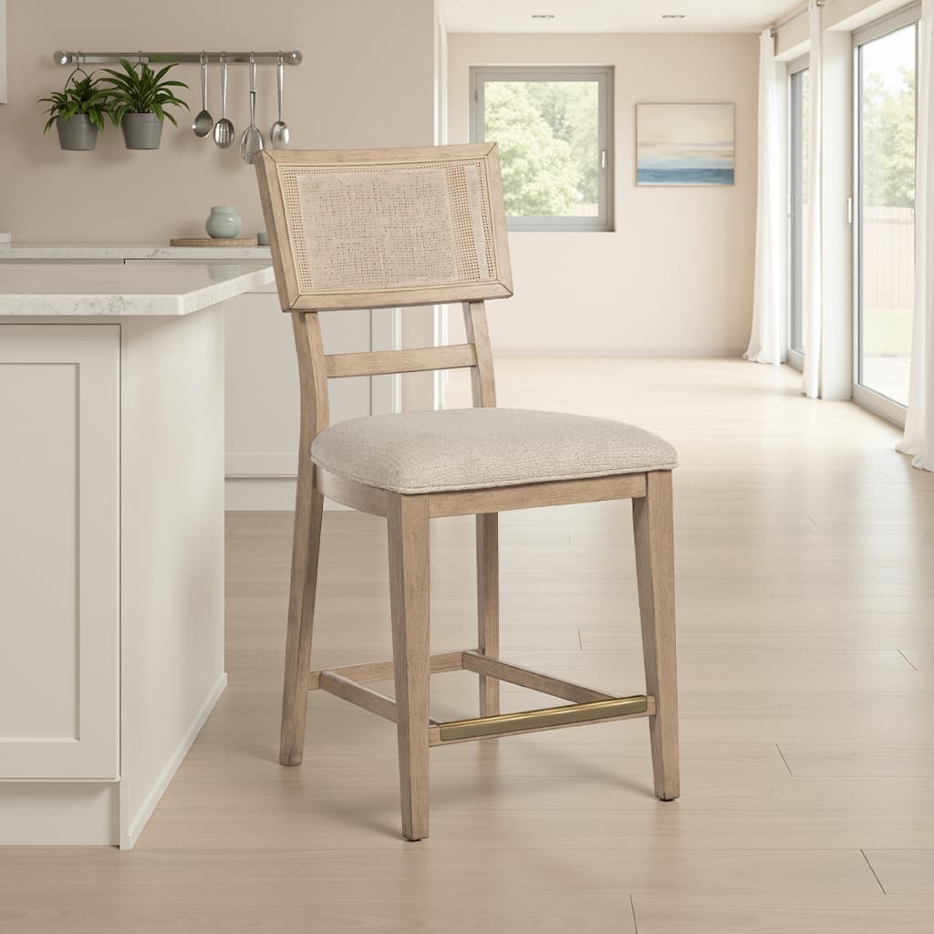 Lno Counter Dining Side Chair Set of 2, Rattan Woven Back, Beige Wood