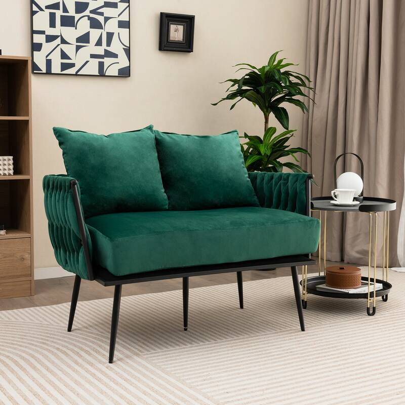 Dutch Velvet Woven Loveseat Sofa with Metal Legs and 2 Cushioned Pillows - 43” x 24” x 25.5”