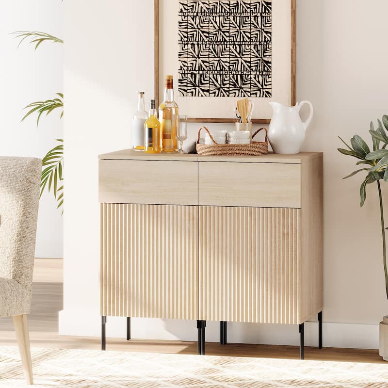 31.5" Wooden 2-Doors Sideboard With Charging Station, Modern Reeded Credenza Storage Cabinet