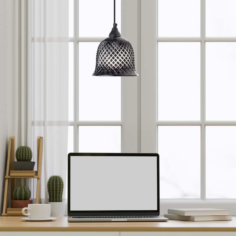 Gale River of Goods Black Metal and Hand-Blown Glass 7-Inch Pendant Light with Adjustable Hanging Cord - 7" x 7" x 63"