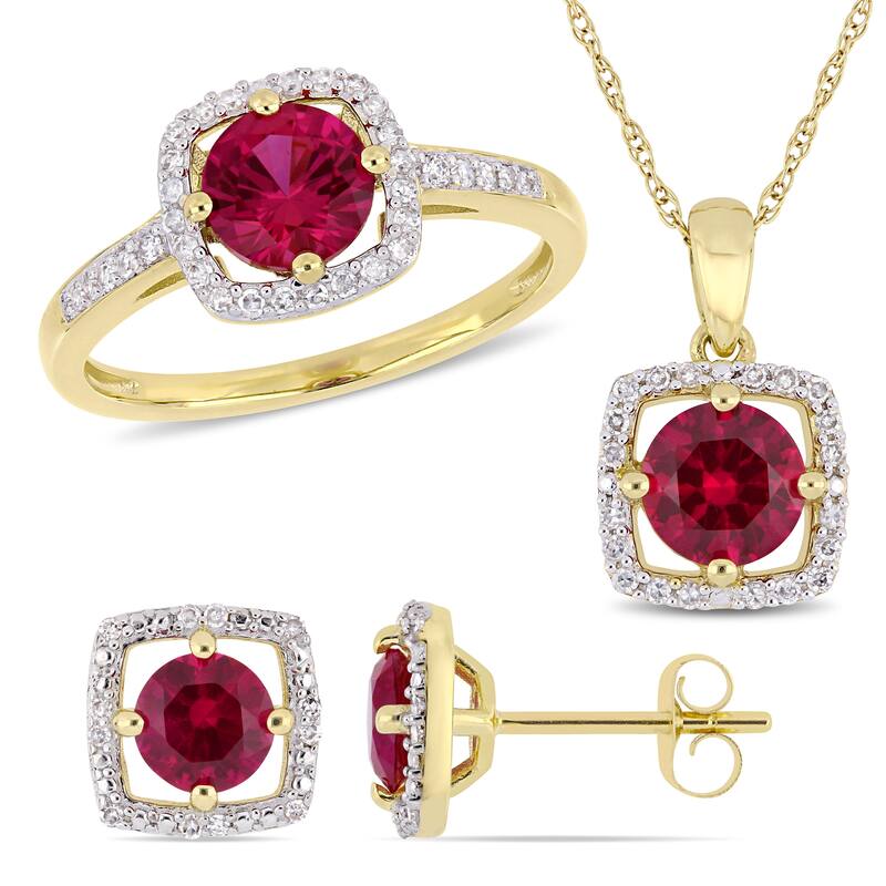 Miadora 10k Yellow Gold Created Ruby and 1/3ct TDW Diamond Floating Halo Jewelry Set