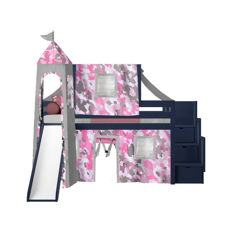 JACKPOT Prince & Princess Low Loft Twin Bed, Stairs Slide Tent & Tower
