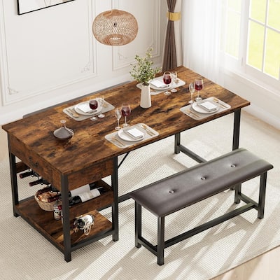 Dining Table Set with Benches, Storage Drawers and Wine Rack, Ideal for Small Dining Room or Kitchen