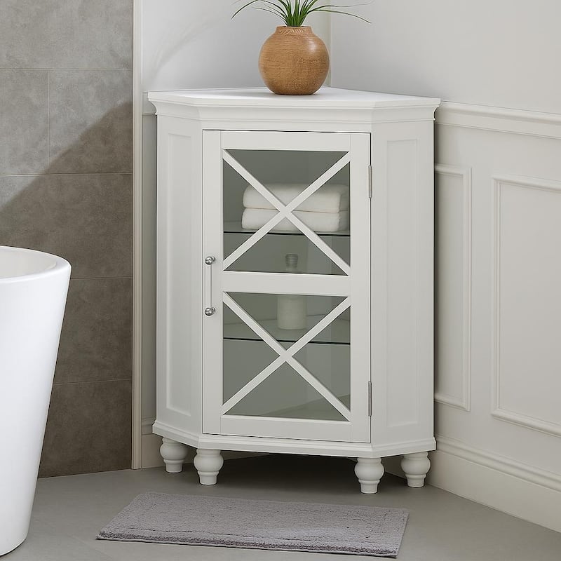 Teamson Home 25" W White Corner Freestanding Floor Cabinet, Tempered Glass Shelves, Adjustable Storage for Bathroom and Kitchen