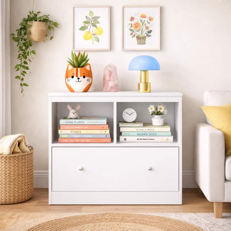 Kids Toy Storage Organizer with Large Drawer - Low Bookshelf for Children - White