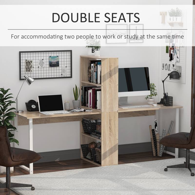 88" Double Computer Desk with Storage Shelves and Bookshelf