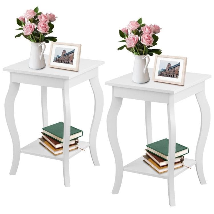 Modern Nightstand End Table Set of 2 with Open Storage - White