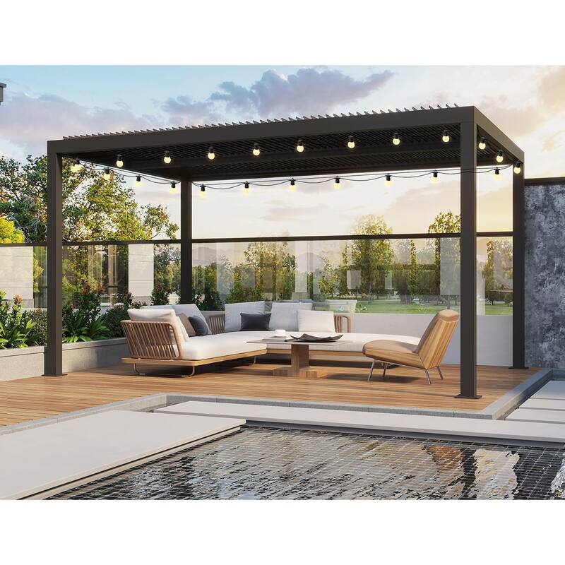 PURPLE LEAF Louvered Pergola with Solar Lights Hardtop Gazebo for Patio