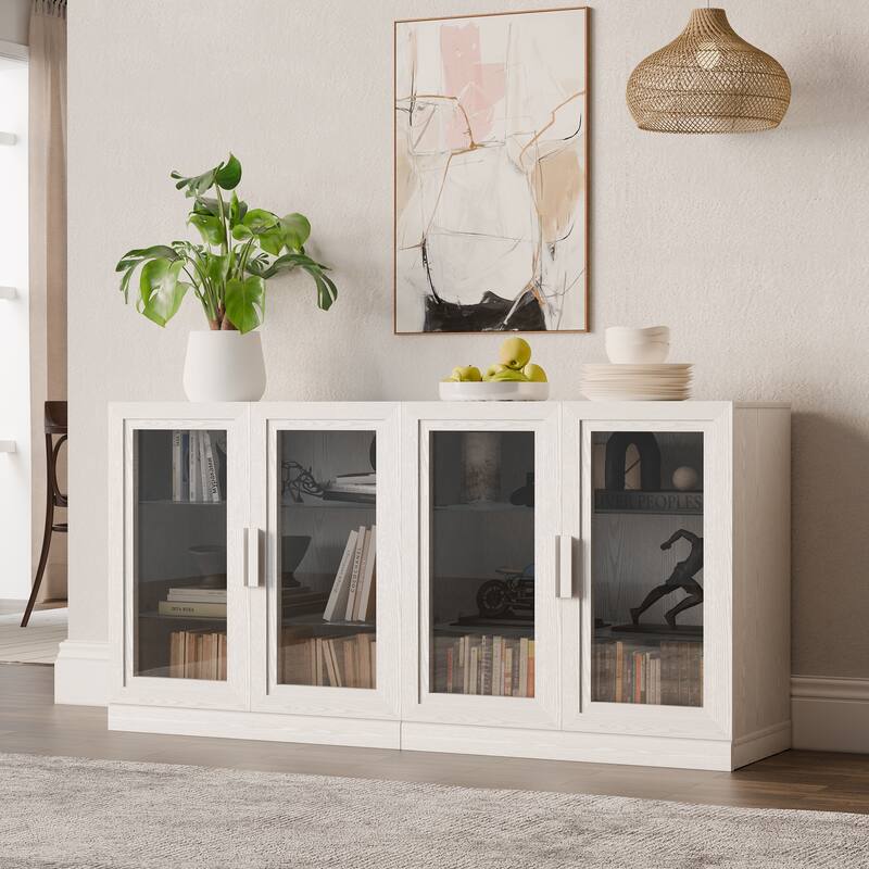 3-Set Glass Door Sideboard Buffet Storage Cabinets with Adjustable Shelves - 93"Lx31"H