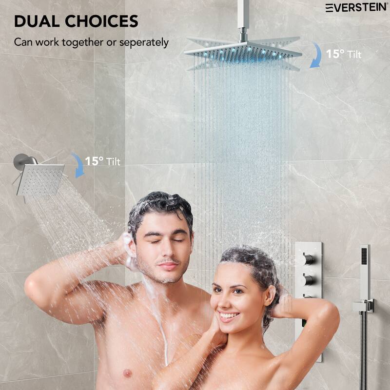 Digital Thermostatic Shower System Faucet Set 12" and 6" Temperature-Sensitive LED Rain Shower Head with Handheld Spray
