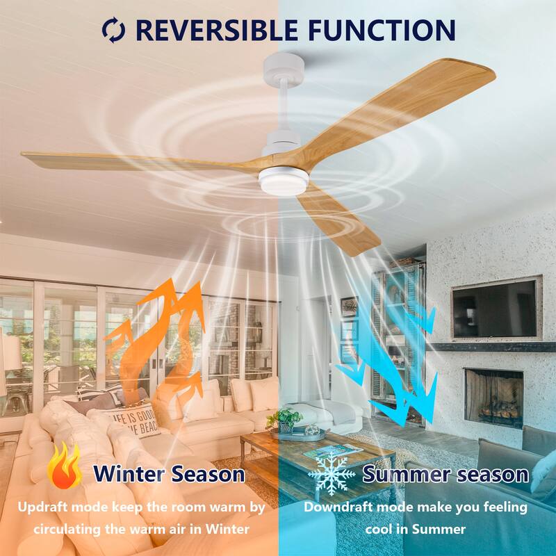 72" Ceiling Fan w/ 3 Color Dimmable 3 Solide Wood Blades Remote Control Reversible DC Motor