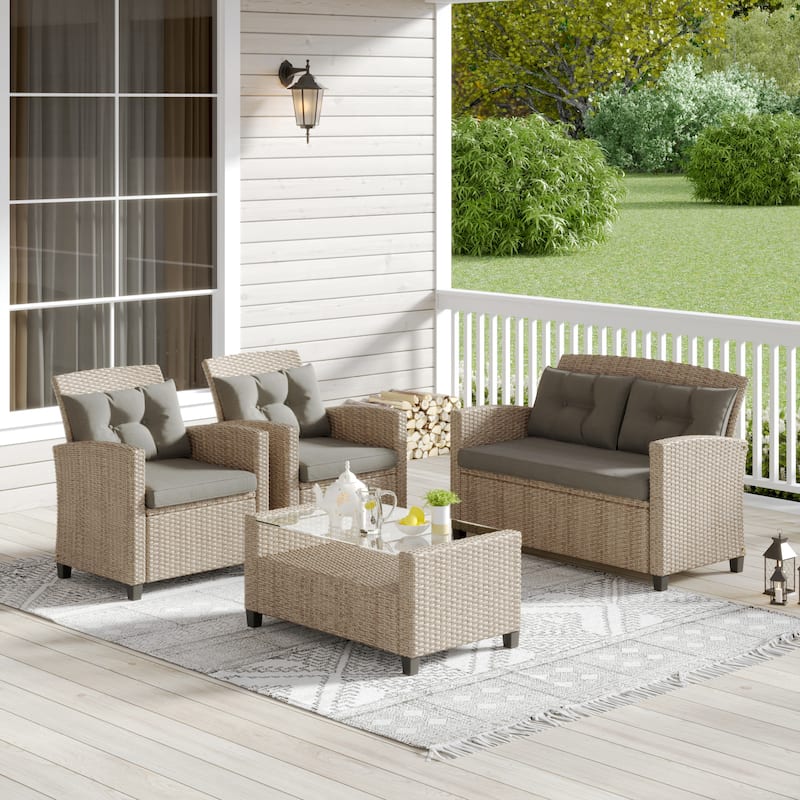 Corvus Armitage 4-piece Outdoor Resin Wicker Chat Set with Cushions - Light Grey
