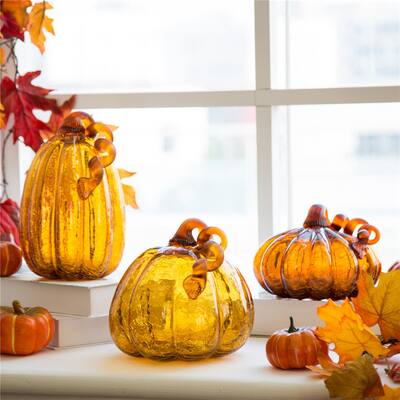 Glitzhome Amber Crackle Handblown Glass Pumpkins for Fall Harvest Decorating