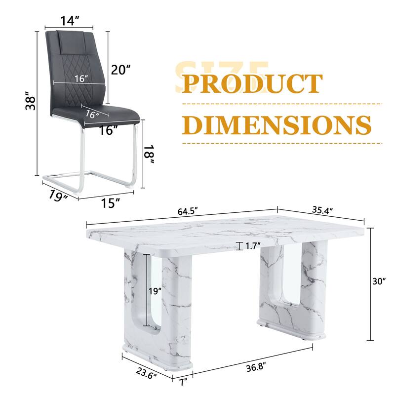 5-Piece Marble Pattern Dining Table Set, PU Leather Grid Chairs with Silver Arched Metal Legs, Anti-Slip Feet