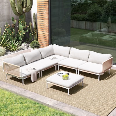 Outdoor Patio Cushioned 6-seater Conversation Sectional Sofa Set - Combined by 6 chairs