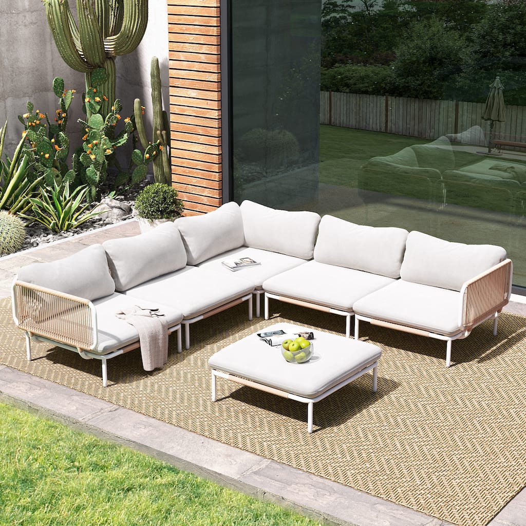 Outdoor Patio Cushioned 6-seater Conversation Sectional Sofa Set - Combined by 6 chairs