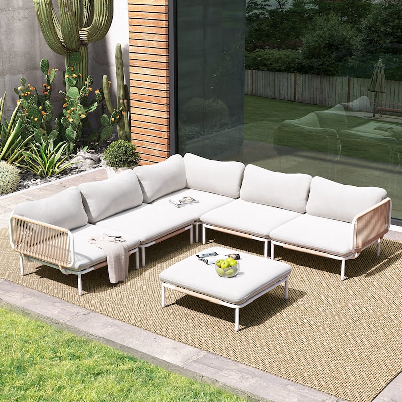 Outdoor Cushioned Sectional Sofa Chat Set Patio Furniture Conversation Set, Free Combination - 6-piece seats - Beige, 6pcs seats & 8 arms
