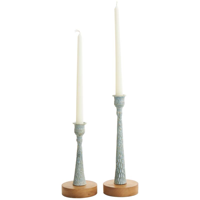 Cream or Light Blue Metal Textured Tapered Candle Holder with Brown Wood Bases (Set of 2)