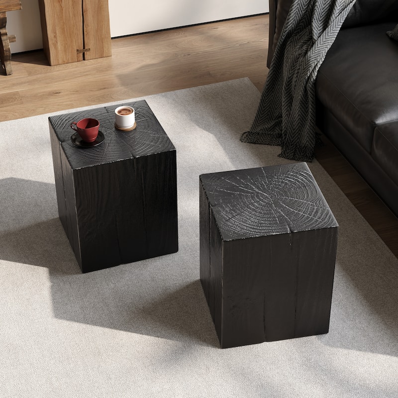 Distressed Wood-Effect End Table • Square Column Design in Multi-Height Set • Weather-Resistant for Indoor & Outdoor Decor