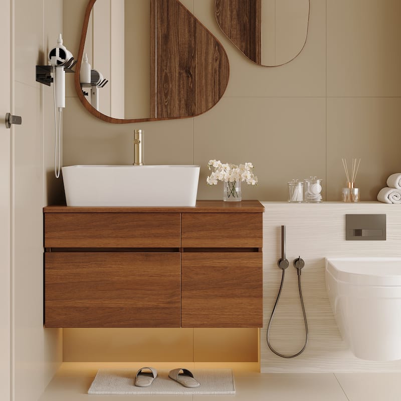 31.5 Inches Floating Single Small Bathroom Vanity with Sink - White+Walnut