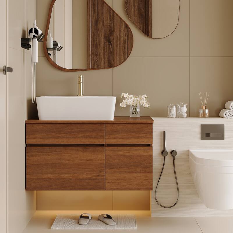 GDFStudio - Modern 31.5" Floating Wall-Mounted Bathroom Vanity with Vessel Sink, Soft-Close Drawer & Double Door Storage - Walnut+White