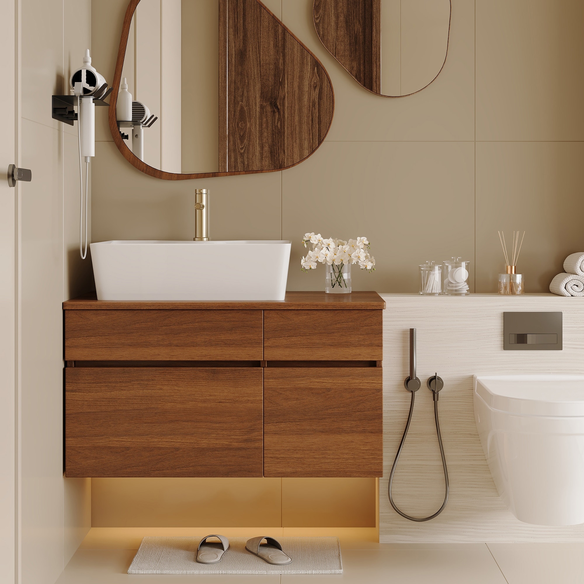 GDFStudio - Modern 31.5" Floating Wall-Mounted Bathroom Vanity with Vessel Sink, Soft-Close Drawer & Double Door Storage