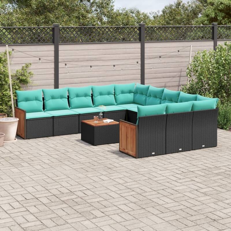 vidaXL 11 Piece Patio Sofa Set with Cushions Black Poly Rattan - 21.7x27.2x24.4 - With table