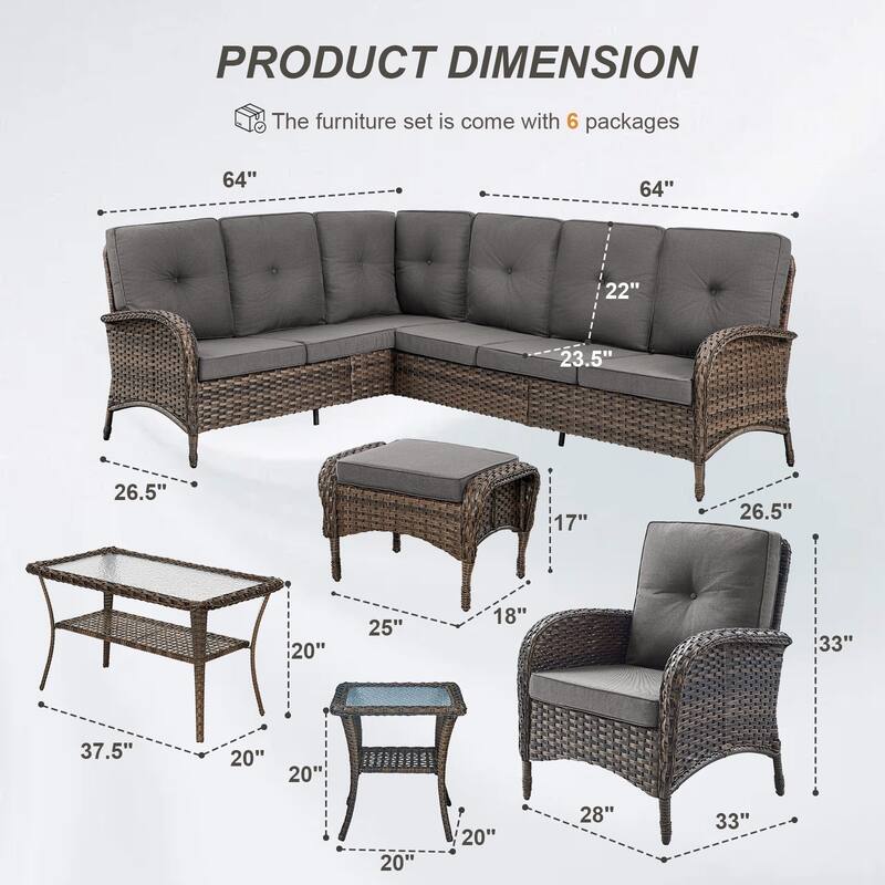 Gymojoy L-Shaped Outdoor Sectional Sofa Set with Patio Chairs Ottomans & Coffee Table