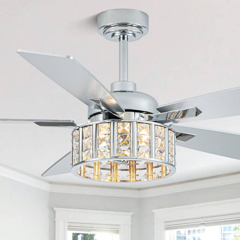 Cusp Barn 52 Inch Chandelier Crystal Modern Chrome Ceiling Fan with Light, Farmhouse Caged DC Motor Reversible Ceiling Fan - Chrome-5229