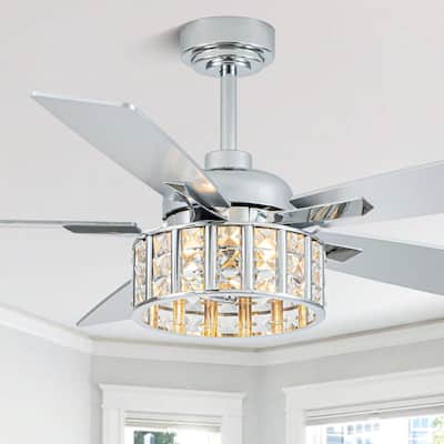 Cusp Barn 52 Inch Chandelier Crystal Modern Chrome Ceiling Fan with Light, Farmhouse Caged DC Motor Reversible Ceiling Fan