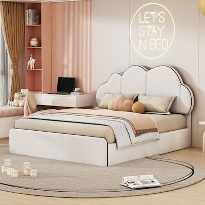 Roomfitters Queen Size Upholstered Platform Bed with Cloud-shaped Headboard for Chic Design and Comfortable Sleep Experience